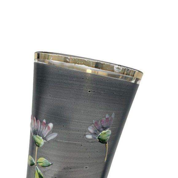 Antique 1890s Pair of Bohemian Art Glass Enameled Tulips Flowers Smokey Grey - Picture 10 of 12